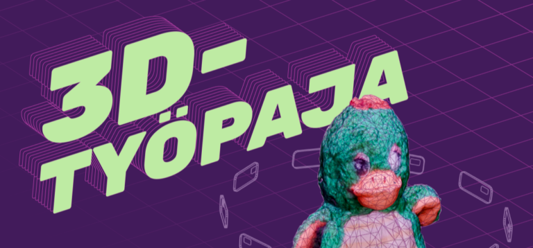 Kuvassa lukee: 3D-työpaja ja siinä on grafiikkaa.